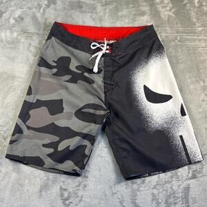 Marvel Comics Punisher Camo Swim Trunks Mens 34 Black Graphic Board Shorts